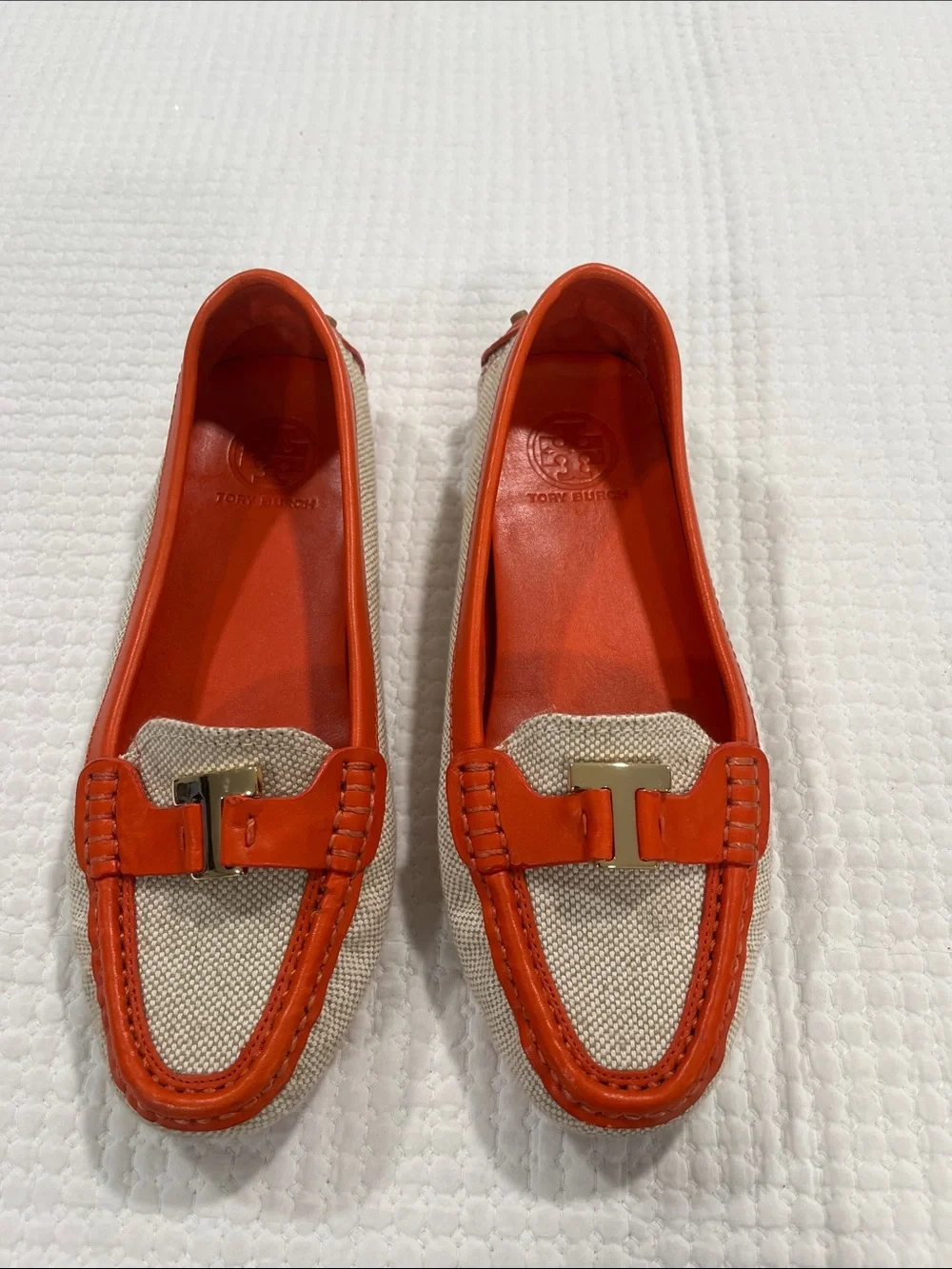 Tory‎ Burch Casey loafers featuring beige canvas with orange leather trim 7.5
